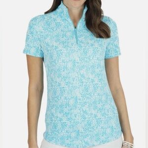 NWT Ibkul Mock Neck Zip Short Sleeve Top Shirt UPF 50 Active Turquoise Size M
